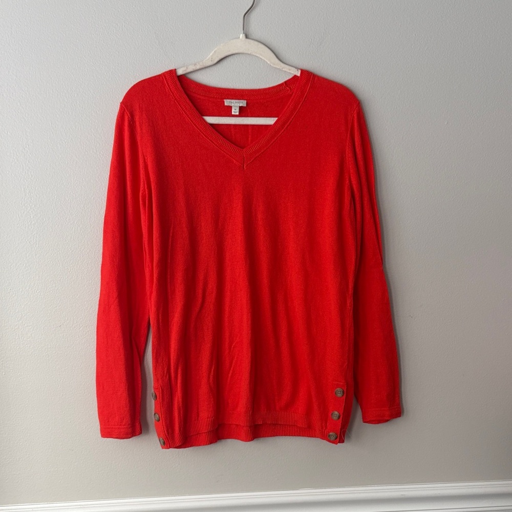 Talbots Bright Orange V-Neck Cotton Blend Sweater With Button Detail